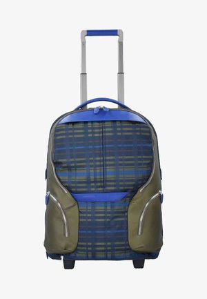 Zaino con rotelle in design a quadri verde e blu. Presenta un manico telescopico in metallo, tasche laterali imbottite e cerniere fluide. Tessuto testurizzato.