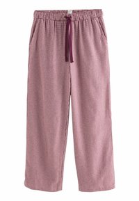 Burgundy-rutiga pyjamasbyxor med elastiskt midjeband, lila snörning och sidofickor, tillverkade av mjukt, lätt tyg.