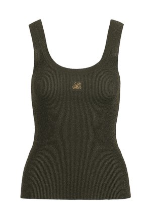 Tamno maslinasto zelena pamučna majica bez rukava s rebrastim uzorkom, širokim naramenicama i malim zlatnim izvezenim logotipom na sredini sprijeda.