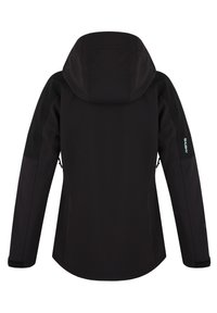 Black waterproof jacket with a hood, featuring a smooth texture, side zippers, and contrasting fabric on the shoulders and arms.