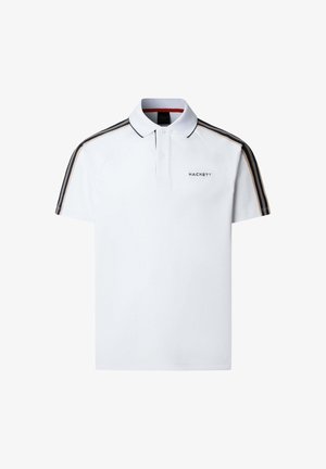 Weißes Poloshirt mit marineblauen und beigen Schulterstreifen, Zwei-Knopf-Leiste und "HACKETT" Logo auf der Brust.