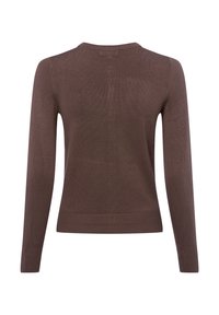 Brauner Pullover mit langen Ärmeln aus weichem, geripptem Stoff. Rundhalsausschnitt, figurbetonte Passform und ein flacher Saum. Sauberes, nahtloses Rückendesign.
