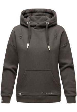 Brown hoodie made of soft fabric, featuring a drawstring hood, kangaroo pocket, and white embroidered text near the hem.