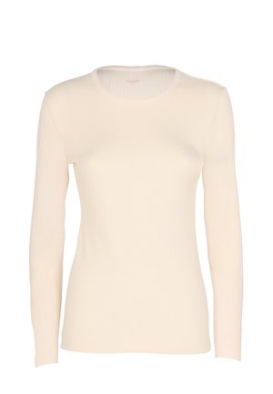 Top a maniche lunghe in morbido tessuto crema a coste. Caratterizzato da un collo rotondo e una forma aderente, con una consistenza liscia e decorazioni minime.
