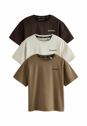 Three short-sleeve crew neck t-shirts in brown, beige, and dark brown, each with "ALLSAINTS" printed on the left chest.