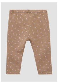 Leggings beiges en tissu doux avec un motif à pois subtil en rose clair. Dotés d'une taille élastique et de détails de couture sur l'ourlet.