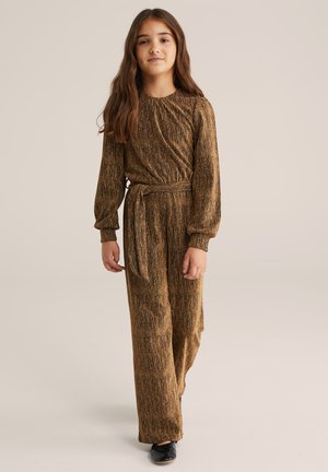 Langsl sleeve, gouden en zwarte gedessineerde jurk met een taille met riem en een relaxte pasvorm, met subtiele plooien bij de halslijn.