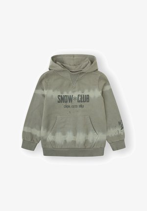 Sudadera verde de tie-dye con bolsillo tipo canguro en la parte frontal, puños de canalé y texto "SNOW CLUB" con gráfico de copo de nieve en el pecho y la manga izquierda.