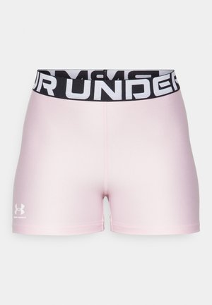 Pink athletic shorts made of smooth material with a black elastic waistband featuring white "UNDER ARMOUR" text. Logo on the lower left.