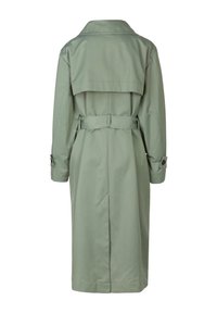Long trench-coat vert clair avec ceinture, poignets boutonnés et rabat coupe-vent dans le dos, vu de dos.