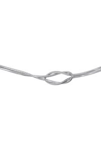La corda metallica intrecciata d'argento presenta una superficie liscia, con un design intrecciato che forma un'anello. Il materiale riflette la luce, aumentando l'appeal visivo.