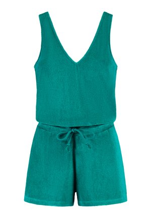 Zeleno-modri rompers iz frotirja z V-izrezom, brez rokavov in pasom na vrvico. Ponaša se z mehkobo in sproščenim prileganjem.