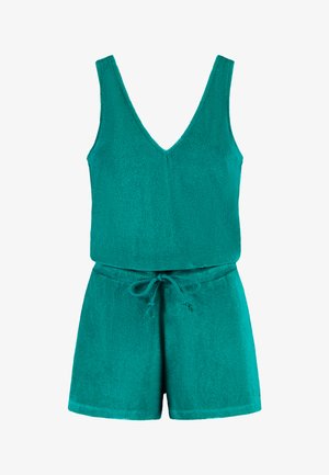 Zeleno-modri rompers iz frotirja z V-izrezom, brez rokavov in pasom na vrvico. Ponaša se z mehkobo in sproščenim prileganjem.