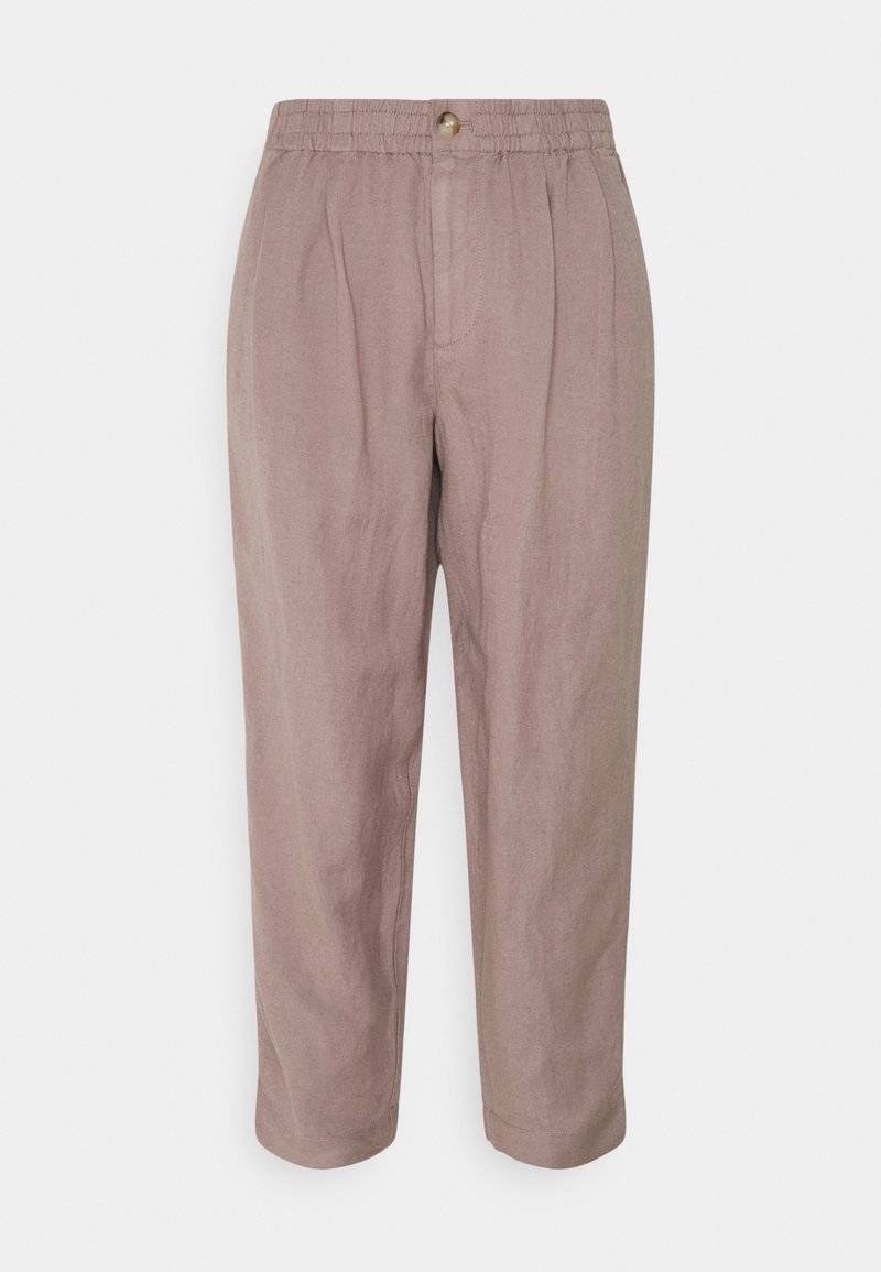 Pantalon taille haute taupe avec ceinture élastique, fermeture à boutons à l'avant et coupe droite décontractée.