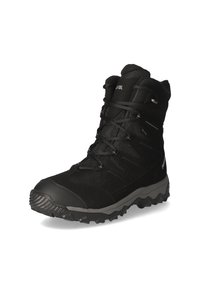 Schwarzer Wanderstiefel mit einer strukturierten Oberseite, robustem Schnürsystem, verstärktem Zehenbereich und einer robusten, gemusterten Sohle für besseren Halt.