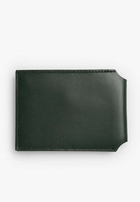 Portofel rectangular din piele verde, textură netedă, margine rotunjită pe o latură, cusătură vizibilă de-a lungul perimetrului. Fără elemente de umplutură sau modele.