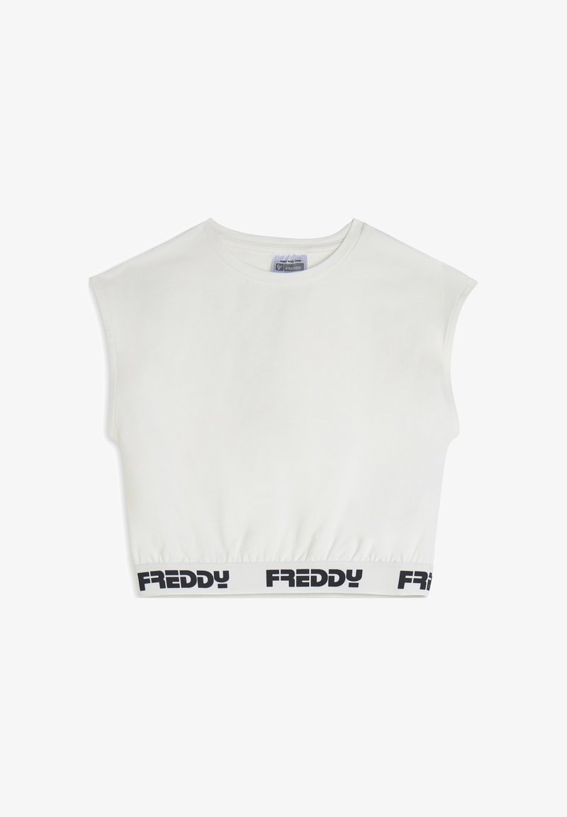 Top bianco corto con maniche corte, vita elastica con il logo nero "FREDDY". Tessuto liscio, scollatura rotonda, design semplice.