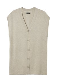 Beige stickad ärmlös kavaj med V-hals, ribbat kant och sex knappstängningar fram. Mjuk textur, enkel design.