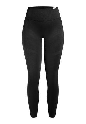 Zwarte leggings met een hoge tailleband, gemaakt van gladde stof, met een strakke pasvorm en subtiele textuur. Geen zichtbare patronen of accenten.