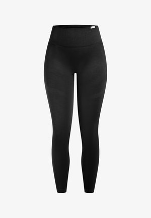 Sorte leggings med høj talje, lavet af glat stof, der har en tætsiddende pasform og en subtil tekstur. Ingen synlige mønstre eller detaljer.