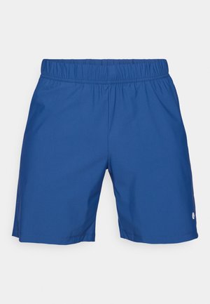 Zili sporta šorti ar elastīgu jostasvietu, gludu tekstūru un sānu ventilācijas atverēm, ar nelielu logotipu apakšējā labajā kājā.