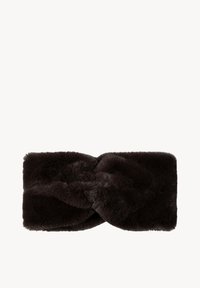 Bruine nepbont hoofdband met een gedraaide voorkant, met een zachte, pluche textuur en een gelijkmatige kleur over het geheel.
