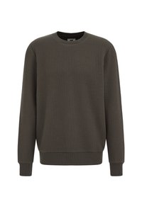 Pulover ribbed de culoare verde închis, cu mâneci lungi, decolteu rotund și manșete ribbed. Textură moale și croială lejeră. Fără branding vizibil.