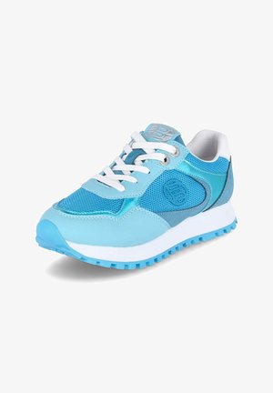 Light blue athletic sneakers with mesh and synthetic upper, white laces, textured accents, and a ridged rubber sole.