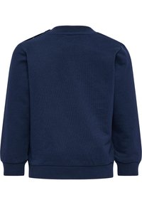 Navyblaues Sweatshirt mit Rundhalsausschnitt, langen Ärmeln und gerippten Bündchen. Hat eine glatte Textur und ein Knopfdetail an der Schulter.