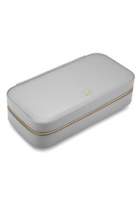 Gray cosmetic case with a smooth leather-like finish, gold zipper, and subtle embossed logo on the top. Rectangular shape, slim design.