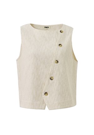 Crème mouwloze textuurvest met asymmetrische knoopsluiting, voorzien van zes middelgrote bruine knopen.