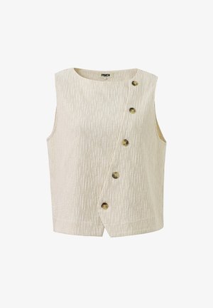 Crème mouwloze textuurvest met asymmetrische knoopsluiting, voorzien van zes middelgrote bruine knopen.