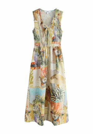 Ärmelloses Maxikleid mit einem mehrfarbigen Blumen- und abstrakten Patchworkmuster, gerafftem Oberteil und einer vorderen Schleife am Ausschnitt.