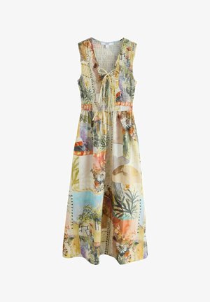 Ärmelloses Maxikleid mit einem mehrfarbigen Blumen- und abstrakten Patchworkmuster, gerafftem Oberteil und einer vorderen Schleife am Ausschnitt.