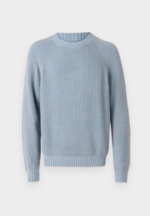 Gaiši zils ribots adīts džemperis ar apaļu kaklu, raglanu piedurknēm un teksturētu apdari. Iespējas ietver pieguļošu apakšmalu un piedurkņu galiem.