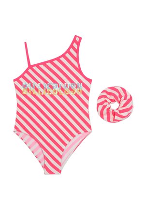 Maillot de bain une pièce avec une bretelle, rayures verticales rose et blanche, orné de texte "BILLIEBLUSH" en sequins ; comprend un chouchou assorti.