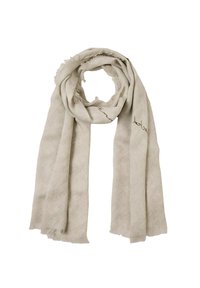 Lys beige tørklæde lavet af blødt stof med en subtil tekstur. Har frynsede kanter og et minimalistisk design, herunder en elegant broderet detalje.