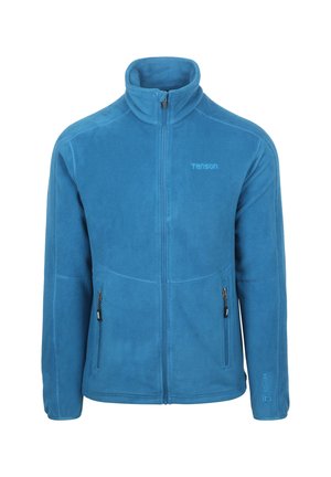 Blauwe fleece jas met hoge kraag, volledige ritssluiting aan de voorkant en twee ritszakken aan de zijkant. Heeft een logo op de bovenste linkerborst.
