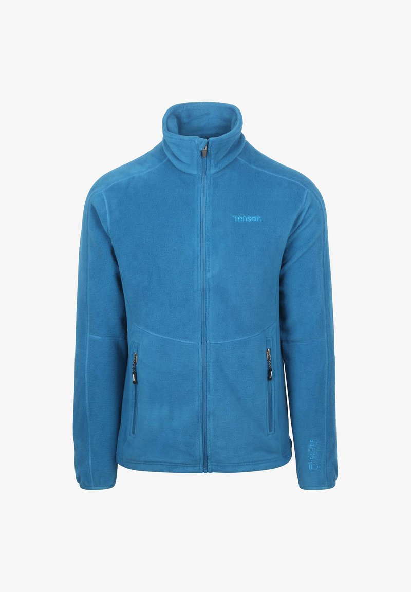 Blauwe fleece jas met hoge kraag, volledige ritssluiting aan de voorkant en twee ritszakken aan de zijkant. Heeft een logo op de bovenste linkerborst.