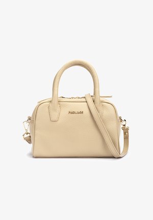 Sac à main en cuir texturé crème avec deux poignées, bandoulière amovible, ferrures dorées et nom de la marque "Pikolinos" sur le devant.