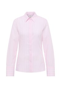 Camicia a righe rosa con bottoni, maniche lunghe, dotata di colletto classico e righe bianche a contrasto sui polsini. Tessuto dalla consistenza liscia.