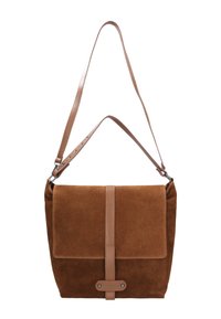 Braune Wildleder-Umhängetasche mit flachem Design, einem Vorderklappenverschluss und einem Ledertragegurt. Sie verfügt über ein zentrales Lederakzent und dezente Hardware-Details.