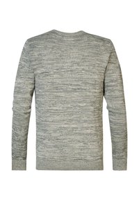 Pull en maille gris marbré et blanc à manches longues avec poignets et ourlet côtelés, vu de dos sur un fond blanc.