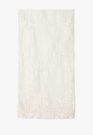 Pehme valkoinen tekstuuri kangas, jossa on hienovaraiset kohokuvioidut kukkakuviot ja viimeistelty reunus.