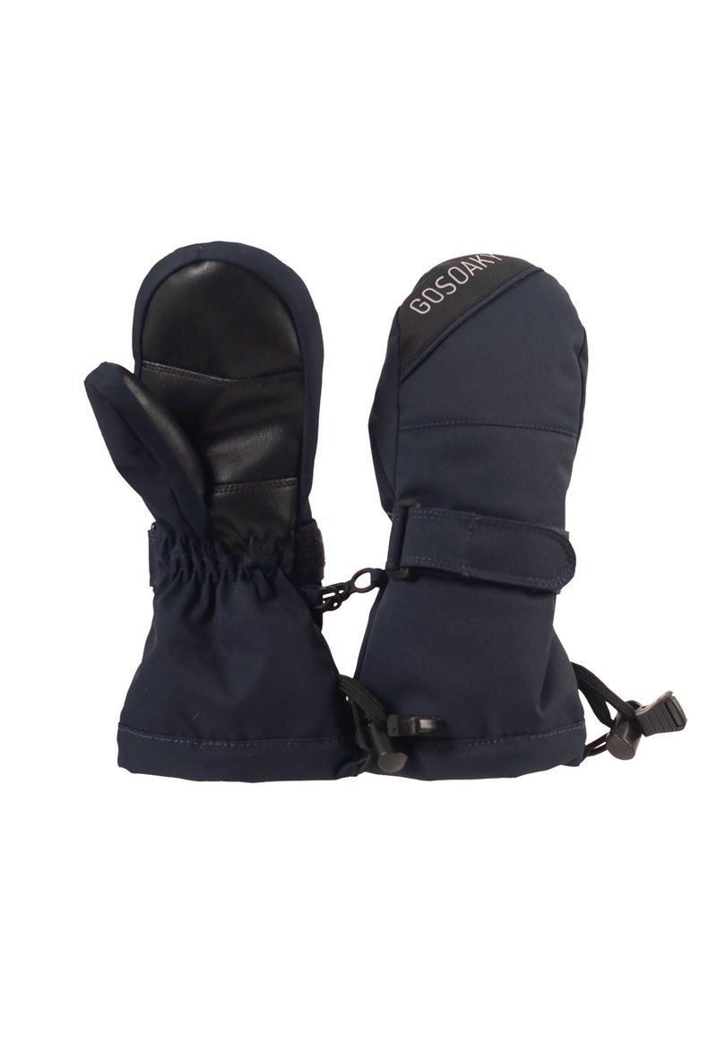 Marineblaue Fäustlinge mit einer schwarzen Lederhandfläche, elastischem Bündchen, verstellbarem Riemen und Logodetails. Wasserabweisendes Material für Wärme und Komfort.