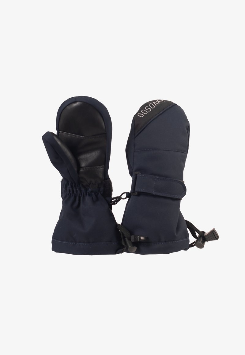 Moufles bleu marine avec une paume en cuir noir, un poignet élastique, une sangle ajustable et un détail de logo. Matériau résistant à l'eau pour la chaleur et le confort.