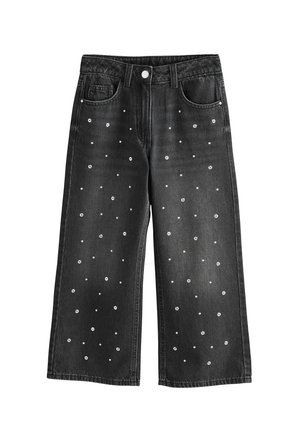 Črne široke jeans hlače iz denima z gladko teksturo, s belimi cvetličnimi vezeninami raztresenimi po tkanini.