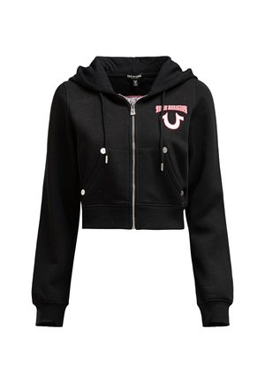 Zwarte cropped hoodie van fleece materiaal met een ritssluiting, voorzakken, trekkoord capuchon en logo-accent op de borst.