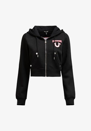 Schwarze, kurz geschnittene Kapuzenjacke aus Fleece mit Reißverschluss, Fronttaschen, verstellbarem Kordelzug an der Kapuze und Logo-Detail auf der Brust.