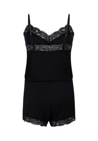 Romper sans manches avec bordure en dentelle noire, bretelles spaghetti réglables et détails en dentelle florale au niveau du col, de la taille et de l'ourlet des shorts.